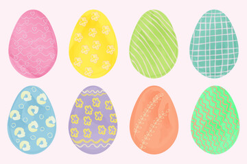 Easter multi-colored eggs in a watercolor style, with patterns of flowers, leaves, stripes.