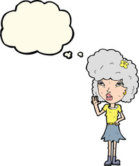 cartoon woman waving with thought bubble