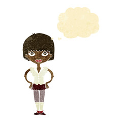 cartoon woman with hands on hips with thought bubble