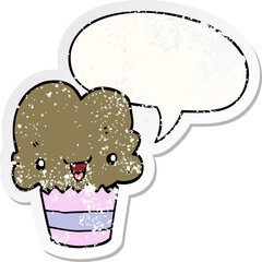 cartoon cupcake and face and speech bubble distressed sticker