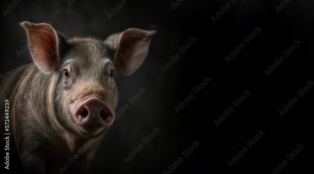 Wall mural portrait of a pig, photo studio set up with key light, isolated with black background and copy space