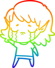 rainbow gradient line drawing cartoon crying elf girl