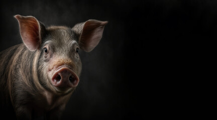 portrait of a pig, photo studio set up with key light, isolated with black background and copy space - generative ai