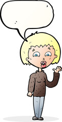 cartoon woman waving with speech bubble