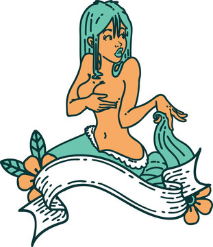 tattoo style icon of a pinup mermaid with banner