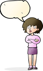 cartoon woman wit crossed arms with speech bubble