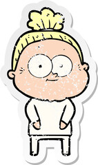 distressed sticker of a cartoon happy old woman