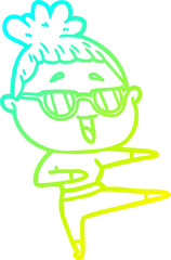cold gradient line drawing cartoon happy woman wearing spectacles