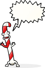 cartoon dancing christmas candy cane with speech bubble