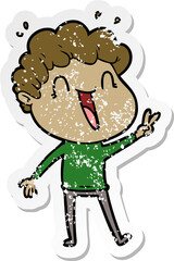 distressed sticker of a cartoon happy man laughing