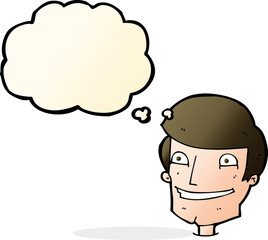 cartoon grinning man with thought bubble