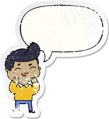 cartoon man laughing and speech bubble distressed sticker