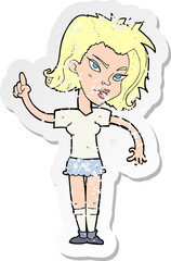 retro distressed sticker of a cartoon woman with idea
