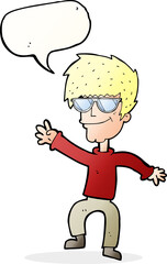 cartoon waving cool guy with speech bubble
