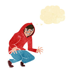 cartoon mischievous boy in hooded top with thought bubble