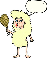 comic book speech bubble cartoon cavewoman with meat
