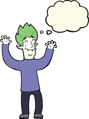 cartoon happy vampire man with thought bubble