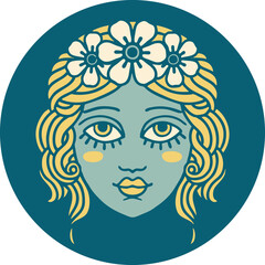 tattoo style icon of female face with crown of flowers