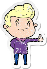 distressed sticker of a happy cartoon man giving thumbs up