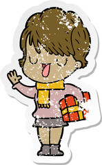 distressed sticker of a cartoon woman talking