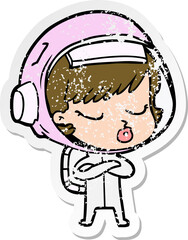 distressed sticker of a cartoon pretty astronaut girl