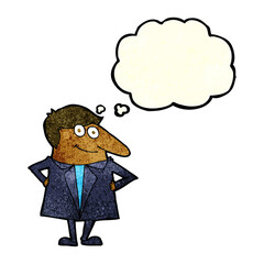 cartoon happy man in suit with thought bubble