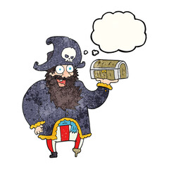 thought bubble textured cartoon pirate captain with treasure chest