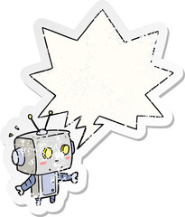 cute cartoon surprised robot and speech bubble distressed sticker