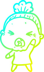 cold gradient line drawing cartoon angry old woman