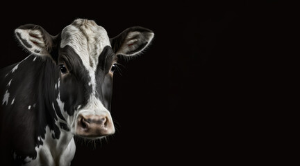 portrait of a sad black and white cow, photo studio set up with key light, isolated with black background and copy space - generative ai