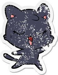 distressed sticker of a happy cartoon cat