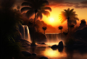 Palm trees against sunset sky, tropical coast with waterfall and mountains on a background, river, lake. Generative AI