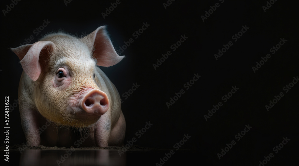 Wall mural portrait of a sad smiling pig, photo studio set up with key light, isolated with black background an