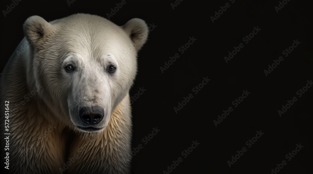 Wall mural portrait of a sad polar bear, photo studio set up with key light, isolated with black background and