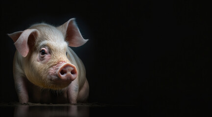 portrait of a sad smiling pig, photo studio set up with key light, isolated with black background and copy space - generative ai