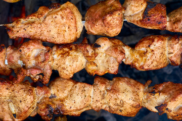 Appetizing tasty fried pieces of meat cooked on the grill