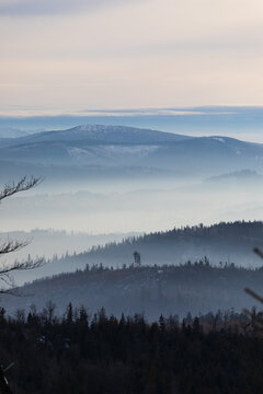 Foogy hills winter scenery in Poland Barania mount © okonato