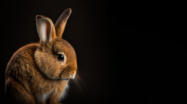 portrait of a sad bunny rabbit, photo studio set up with key light, isolated with black background and copy space - generative ai