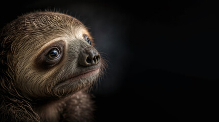 portrait of a sad sloth, photo studio set up with key light, isolated with black background and copy space - generative ai