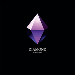 Diamond violet precious stone with 3D effect on black background. Colorful jewelry icon art design template. Vector illustration.