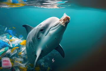 Fototapeta premium Environmental Problem. Ocean pollution concept. A dolphin swimming through polluted waters filled with plastic. Illustration of dolphin eating plastic. Generative Ai.