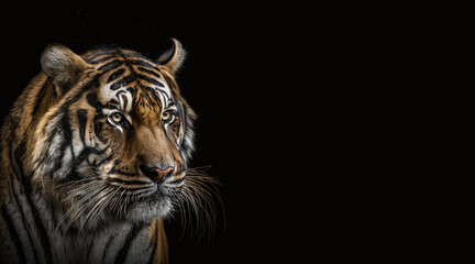 Obraz na płótnie Canvas portrait of a tiger, photo studio set up with key light, isolated with black background and copy space - generative ai