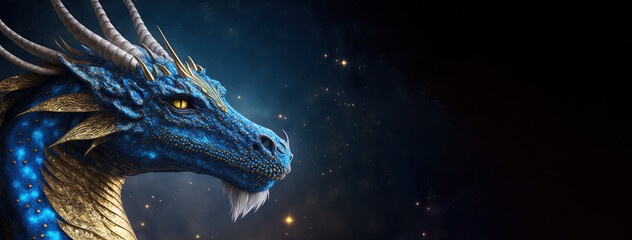Dragon blue hues, celestial background, awesome dragon, esoteric, fantasy, concept of dragon energy, cosmic energy, mythical creature, legend, universe, magic, mystery. Generative AI