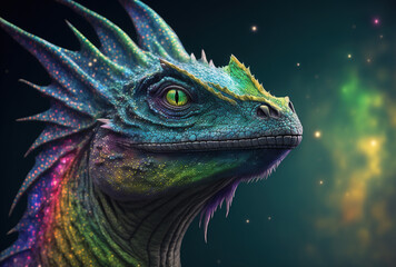 Fototapeta premium Dragon rainbow hues, celestial background, friendly dragon, esoteric, fantasy, concept of dragon energy, cosmic energy, mythical creature, legend, universe, magic, mystery. Generative AI