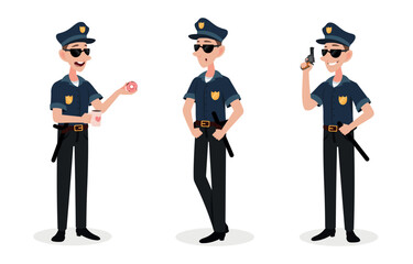 Vector illustration of a handsome policeman isolated on a white background. Charming policeman characters in glasses and uniform with different emotions and poses in cartoon style.