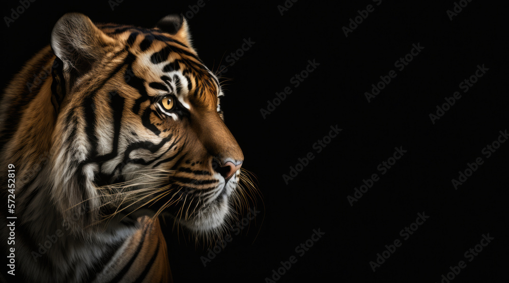 Wall mural portrait of a tiger, photo studio set up with key light, isolated with black background and copy spa