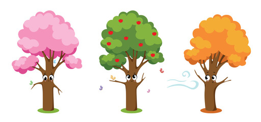 Vector illustration of cute and beautiful trees of the seasons on white background. Charming tree characters: blooming spring, summer tree with apples, butterflies, autumn tree with fallen leaves.