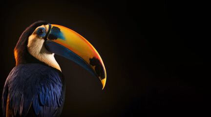 portrait of a toucan, photo studio set up with key light, isolated with black background and copy space - generative ai