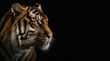Fototapeta na wymiar portrait of a tiger, photo studio set up with key light, isolated with black background and copy space - generative ai