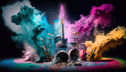 Guitars and drums  with rainbow paint energetic explosion, Generative AI. - obrazy, fototapety, plakaty